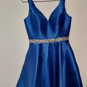 Satin Royal Blue Sleeveless Prom Dress with Sequin Waist